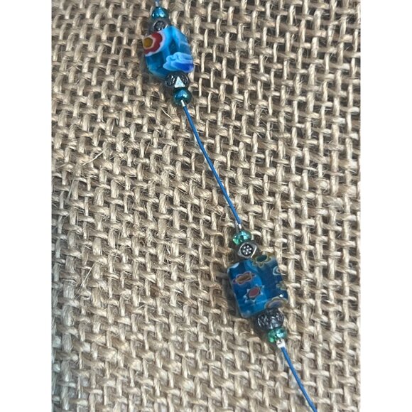 Millefiori Glass Bead Necklace Collar Blue Line Lobster Clasp Silver Tone 17" - Picture 3 of 4